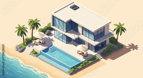 Isometric illustration of a luxurious modern beach house with a swimming pool, the perfect whisk to a tropical paradise getaway
