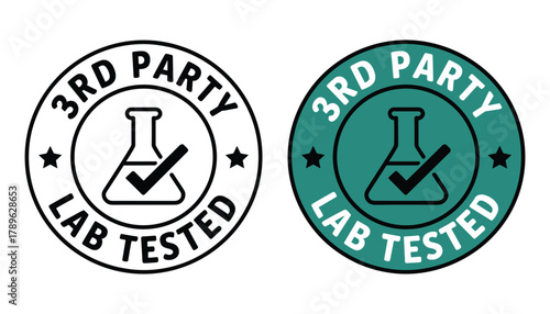 Two Circular Icons One Black and White One Teal Showing a Flask With Checkmark and Text 3rd Party Lab Tested