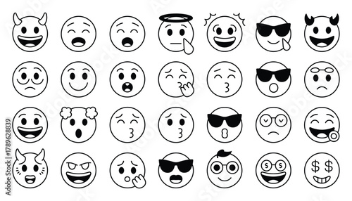 Collection of black and white outline emoji faces with various expressions and accessories emoticon icon
