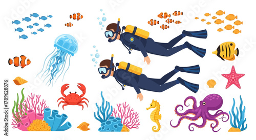 Underwater adventure with divers exploring coral reefs, sea creatures, and aquatic life