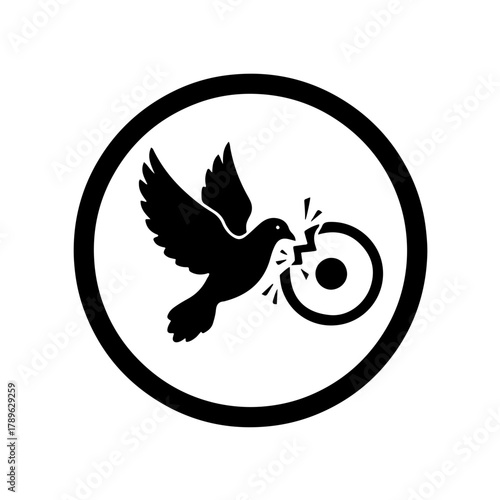 Disarmament Victory. Silhouette of a dove destroying the atomic core, advocating for a ban on nuclear tests and promoting global security