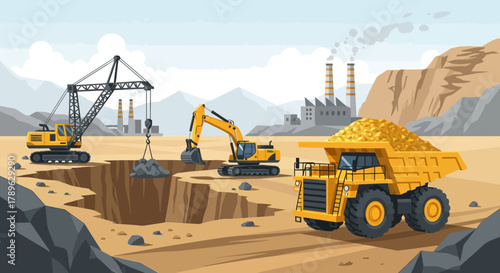 Large-scale industrial mining operation with heavy machinery actively excavating raw materials from an open pit, surrounded by mountains and factory structures