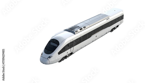 Sleek, modern white passenger train angled on a black background