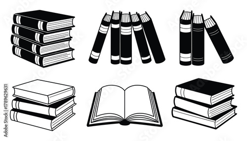 Black and white illustrations of stacked books open book and leaning books on a white background vector