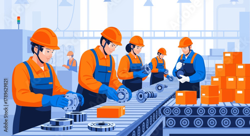 A team of dedicated industrial workers in a factory setting, meticulously assembling mechanical parts on a production conveyor line