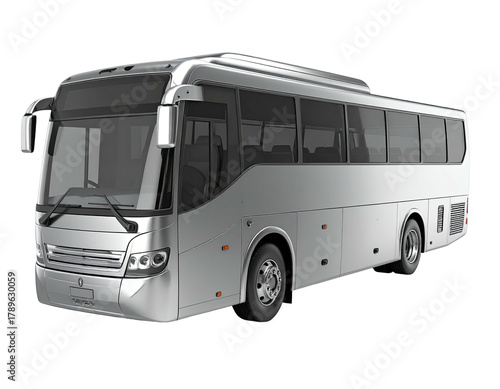 Silver bus isolated, front-three-quarters view, angled right