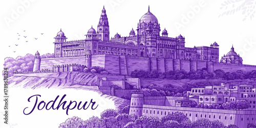 Jodhpur Skyline Line Art Featuring Mehrangarh Fort, Jaswant Thada, Umaid Bhawan Palace | Rajasthan Travel Artwork for Posters, Gifts and Tourism Promotion