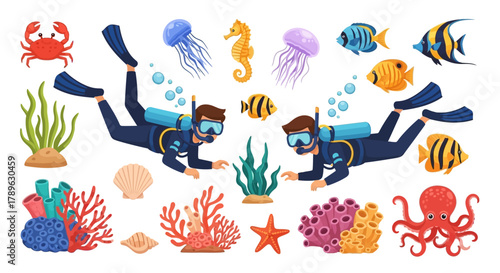 Underwater Adventure Scuba divers discover a vibrant marine ecosystem teeming with colorful coral reefs, exotic fish, jellyfish, and diverse sea creatures