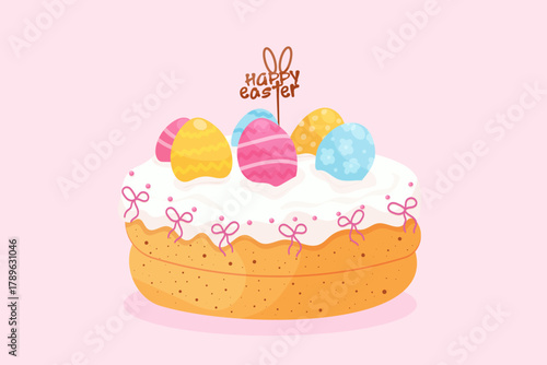 Easter cake with eggs decorated with bows, sprinkles. Easter celebration, bakery promotions and holiday invitations. Easter celebration vector.