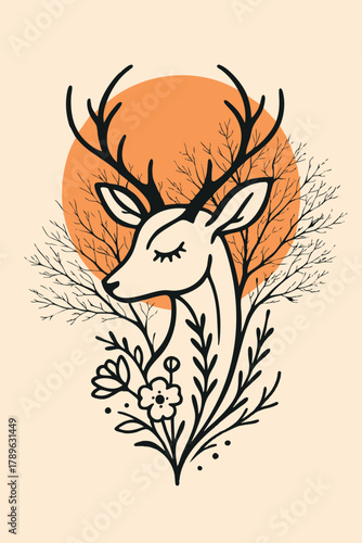 A serene deer, its eyes closed in peaceful slumber. Its antlers branch out like winter trees against a warm sun. This minimalist line art blends wildlife & botanicals for a truly soulful, boho design