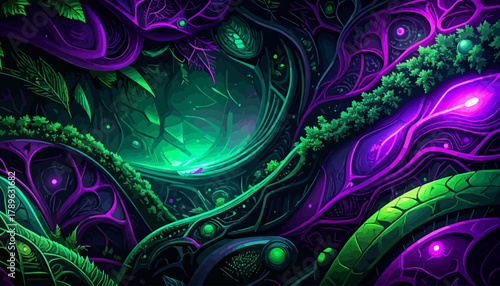 Abstract Bioluminescent Alien Jungle Landscape.