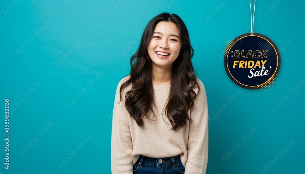 Fototapeta premium Black Friday sale concept. Portrait of a young woman in stylish casual, happily smiling against an isolated color background.
