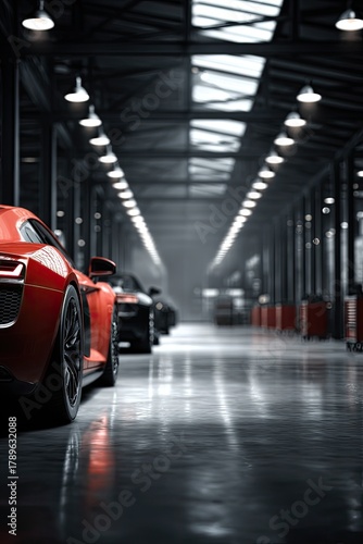 Red sports car in a long industrial garage