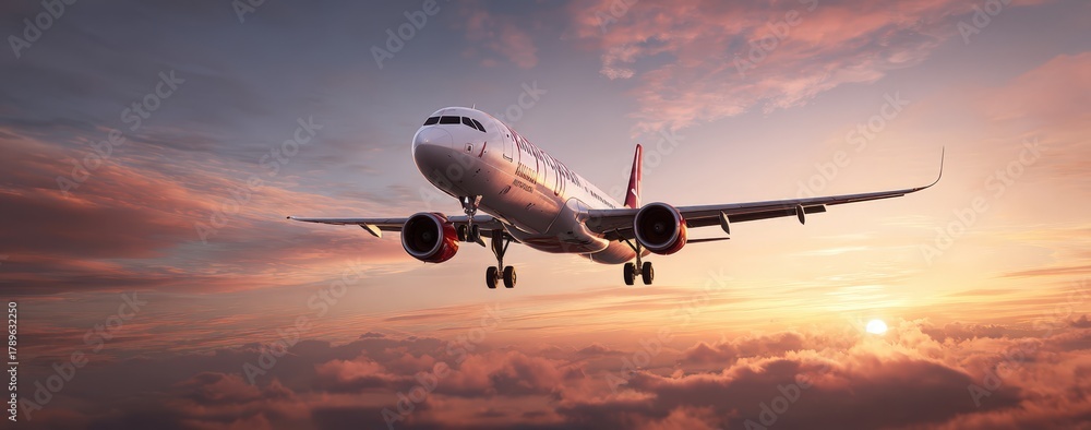 Obraz premium Airplane flying through colorful sunset sky, with clouds illuminated by warm light, showcasing the beauty of aviation and travel in a serene atmosphere
