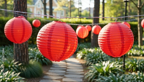Red chinese paper lantern hanging on a string in a garden with a stone path outdoor