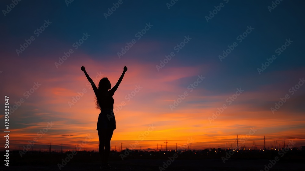 Fototapeta premium A silhouetted figure celebrates against a vibrant sunset, embodying joy and freedom in a serene outdoor setting.