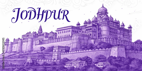 Jodhpur Skyline Line Art Featuring Mehrangarh Fort, Jaswant Thada, Umaid Bhawan Palace | Rajasthan Travel Artwork for Posters, Gifts and Tourism Promotion