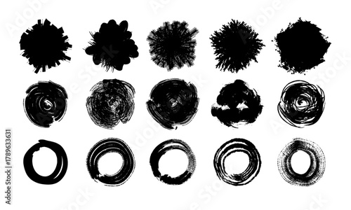 set of Grunge circle shapes on white background, Black circle brush stroke background, Text box, frame, Grunge borders Vector illustration