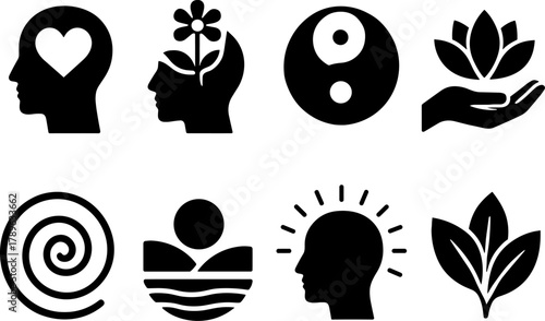 Mindfulness and wellness icons: silhouette symbols for meditation and balance