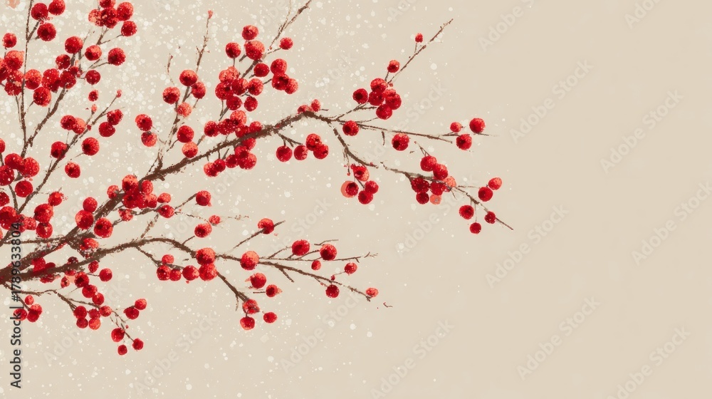 Obraz premium A delicate branch adorned with bright red berries against a soft beige background, evoking a serene winter atmosphere.