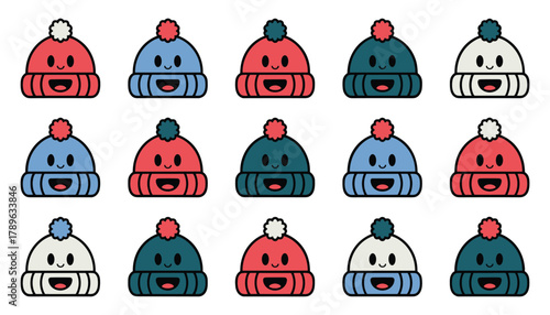 Fifteen cute cartoon winter hats with pom poms and smiling faces in red blue teal and white beanie