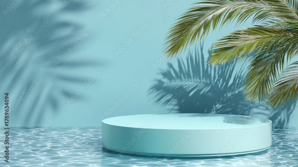 Obraz premium A serene, tropical scene featuring a round platform on water, surrounded by lush palm leaves against a light blue backdrop.