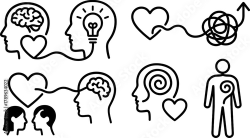Linear human connection concepts with brain and heart symbols in black and white