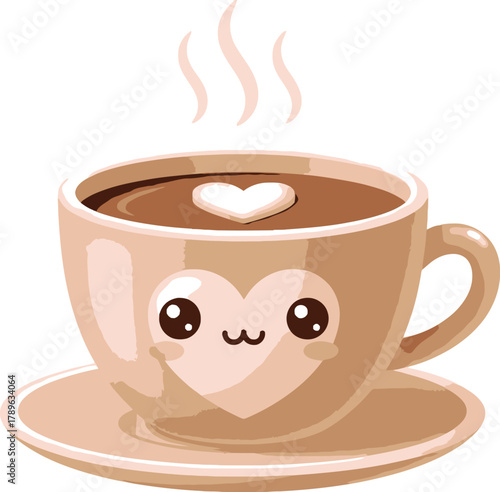 Cute Kawaii Coffee Cup Vector Illustration with Heart-Shaped Marshmallow and Steaming Hot Beverage in Pastel Colors