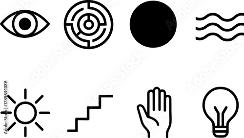Minimalistic symbols collection in black and white: eye, maze, circle, wave, sun, stairs, hand, light bulb