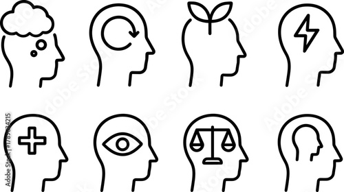 Minimalist line icons of human heads with mental and health symbols
