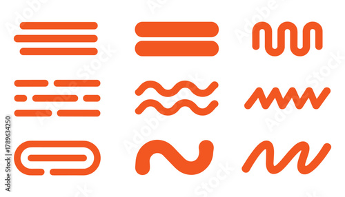 Nine abstract orange graphic elements on white background including lines waves and curves vector