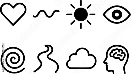 Minimalist linear icons set: heart, sun, eye, and brain symbols in black and white
