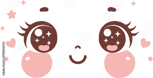 Cute Smile Face Vector Illustration with Sparkling Eyes, Pink Cheeks, Hearts, and Stars in Kawaii Style