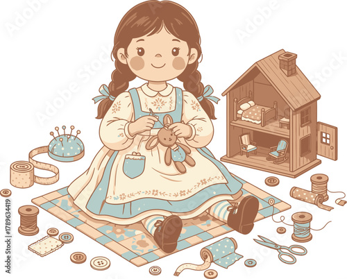 Hand-Drawn Vintage Doll Sitting and Sewing a Plush Toy Next to a Wooden Dollhouse and Sewing Accessories Illustration