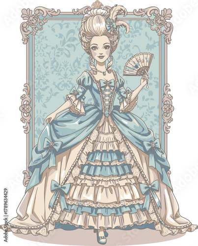 Doll Wearing a Dress Vector Illustration - Elegant Rococo Woman in Historical Gown