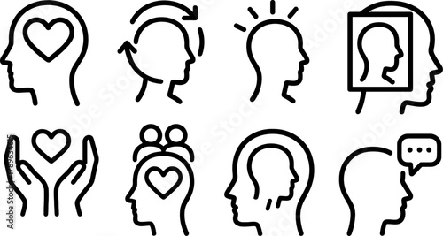 Minimalist mental health icons: wellness, empathy, self-reflection, care, mindfulness