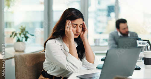 Photography Frustrated, businesswoman or headache in office with laptop for debt risk, financial crisis or problem