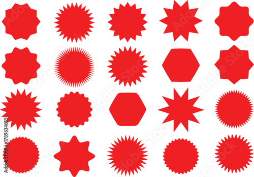 red exploding star shape badge, tag or label set. starburst or sunburst badge collection. can be used for price tag, best sell, shirt size, quality mark, features etc use. badges for mockup or
