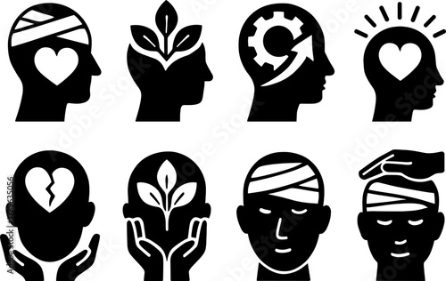 Mental health icons: healing, growth, and support in silhouette style