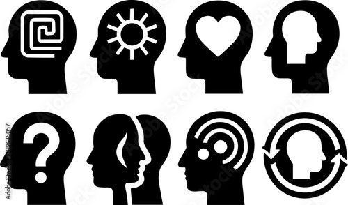 Silhouette profiles with mind and emotion icons