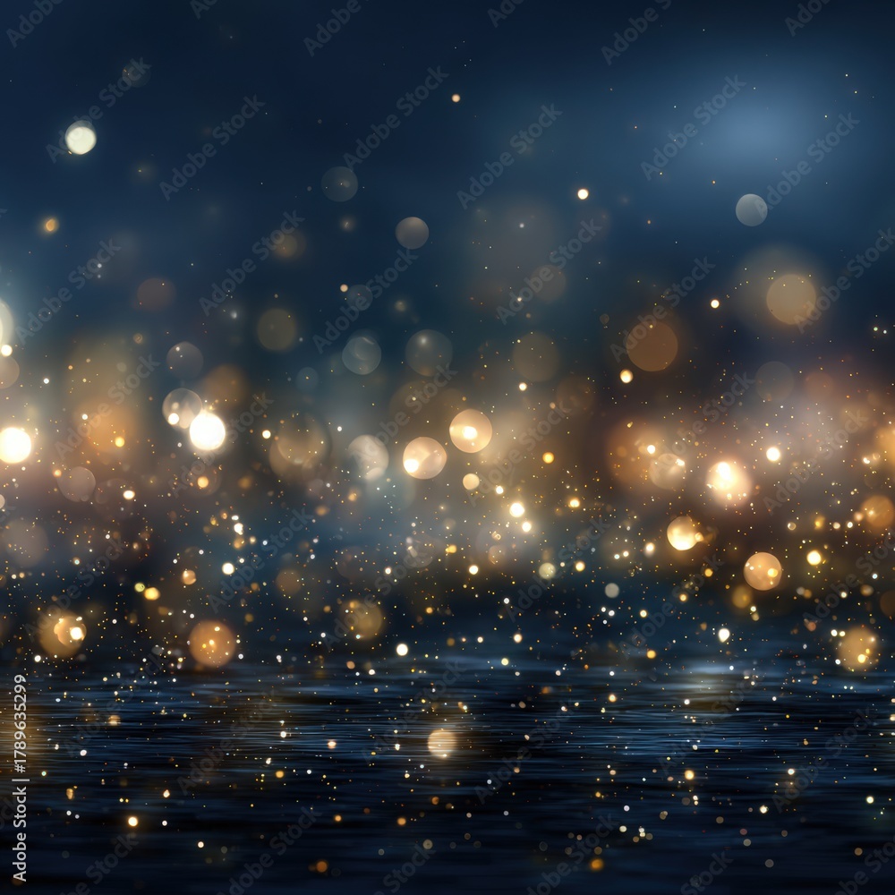 Naklejka premium Abstract bokeh lights shimmering in a dark background, creating a magical atmosphere with golden and blue hues, perfect for festive celebrations or artistic designs