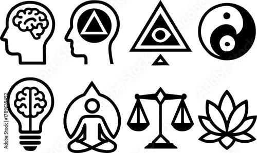 Minimalist symbols of mindfulness and balance in black and white