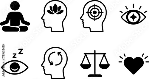 Minimalist icons set for mindfulness, wellness, and mental focus concepts