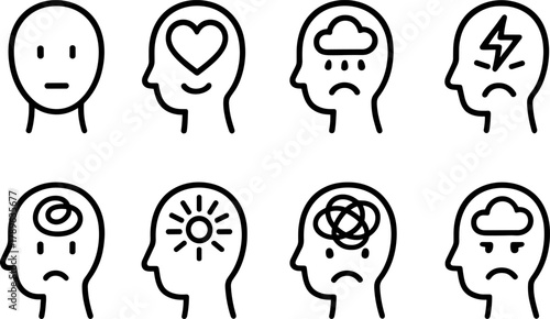Minimalist icons of mental health and emotions in simple line art style