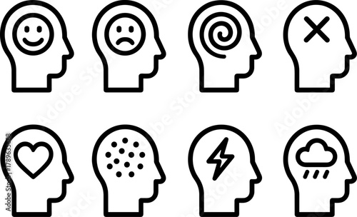 Set of linear icons representing various human emotions and mental states