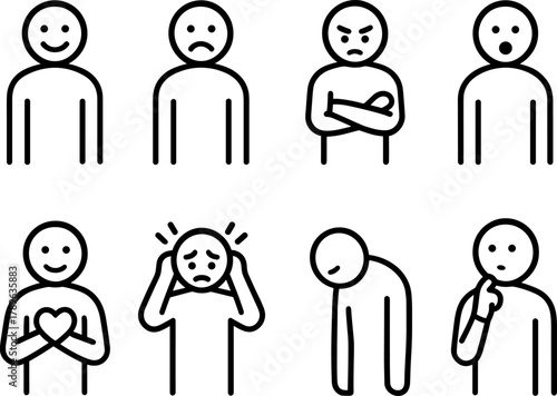 Linear icons depicting a variety of human emotions and facial expressions