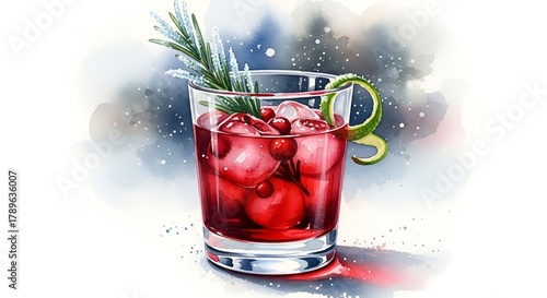 Watercolor illustration featuring a vibrant red cocktail with cranberries and rosemary.