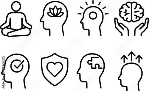 Mindfulness and mental health icons in linear style for self-care and well-being