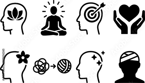 Mindfulness and mental health icons: self-care, meditation, wellness, and healing symbols in black and white