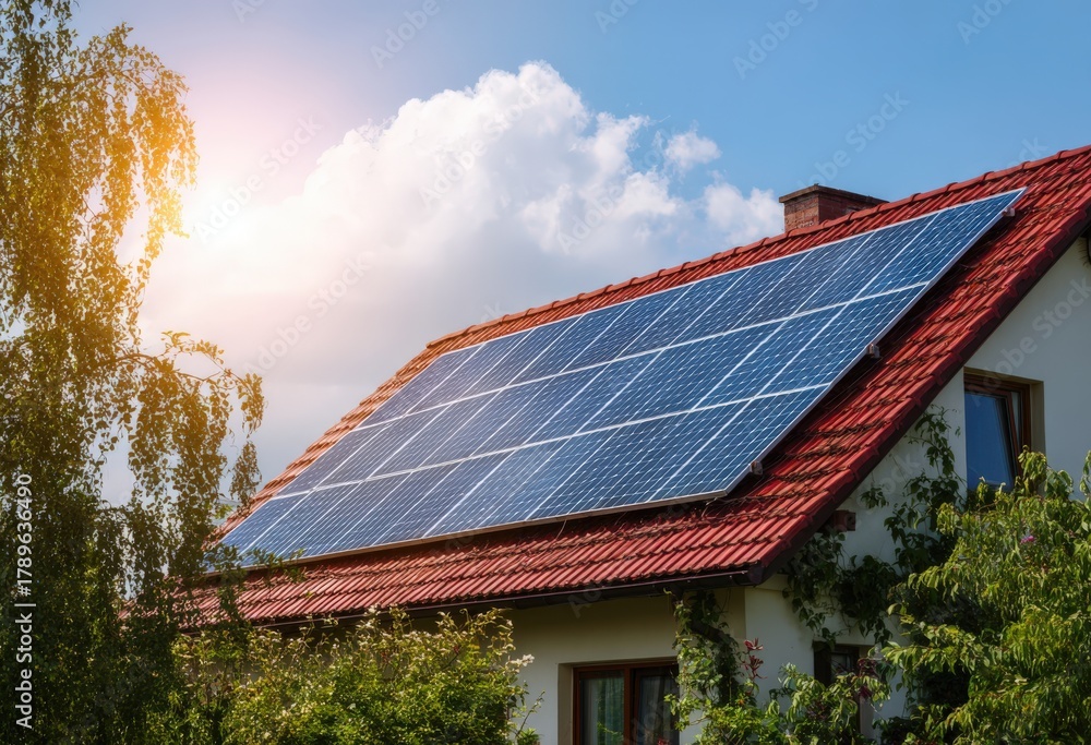 Fototapeta premium Solar panels installed on a residential roof, capturing sunlight, surrounded by greenery, showcasing sustainable energy solutions and modern architecture in a bright environment